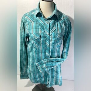 The Sherry Cervi Collection Woman’s Blouse Top Size L Blue Plaid Long Sleeves